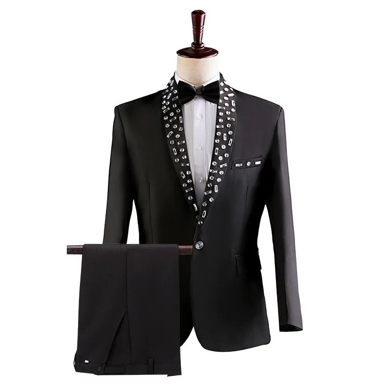 

Men Evening Party Singer Host Chorus Stage Performance Suits Black White Rhinestones Collar Slim Blazer Pants 2 Piece Set