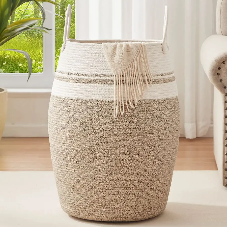 

Laundry Hamper Woven Cotton Rope Large Clothes Hamper 25.6 Height Tall Laundry Basket with Extended Cotton Handles for Storage C