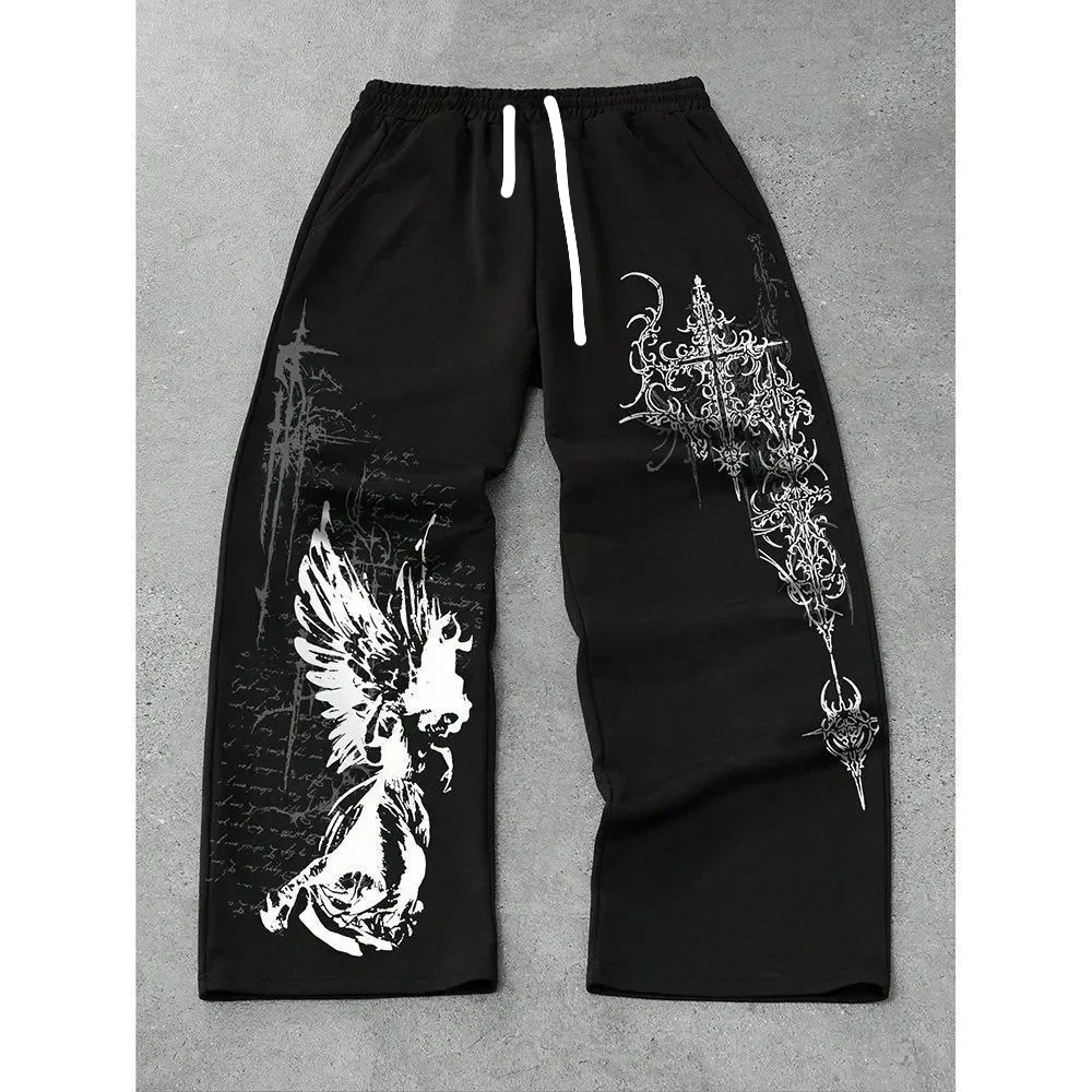 Herren Gothic Vertikale Grafik Weite Jogginghose mit Kordelzug Lose Gerade Baggy Y2K Dark Punk Streetwear Hose – Detail 8