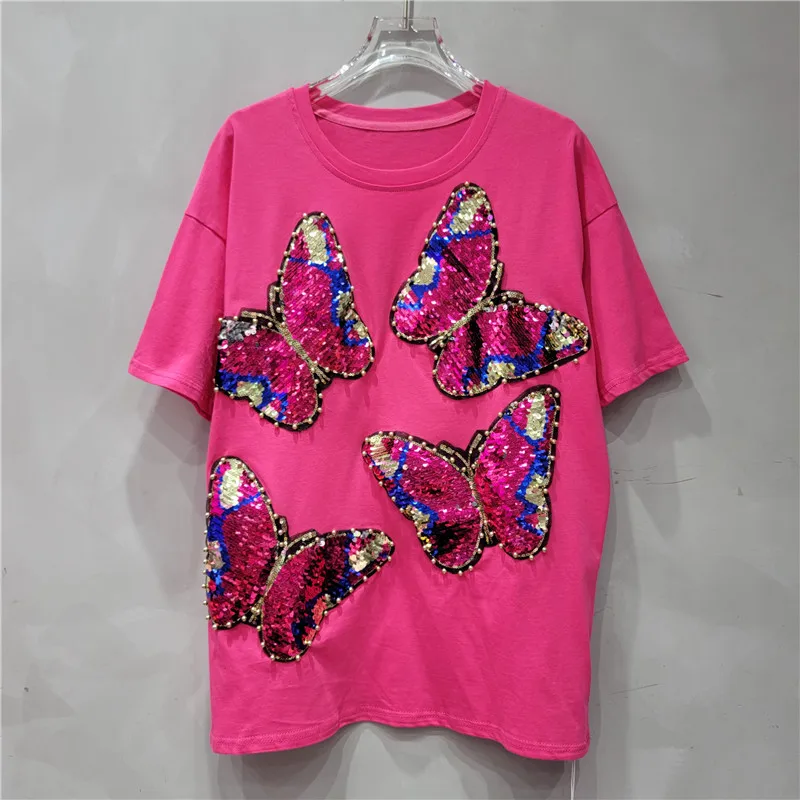 Heavy Industry Beads Sequined Butterfly Pink T-shirt Female Summer Loose Casual Chic Round Neck Short Sleeve Top High Street