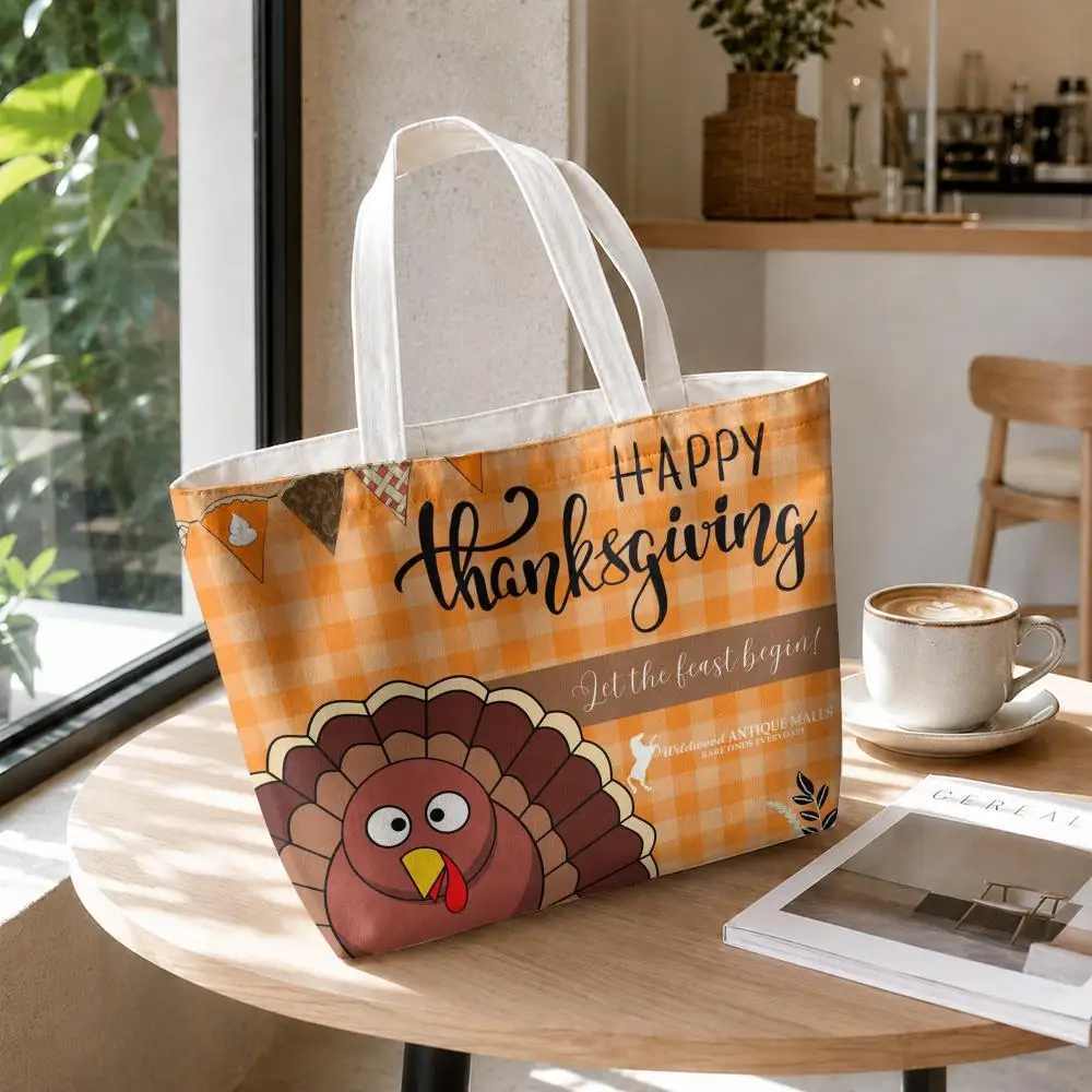 Thankful Festival Turkey Storage Bags 2-Piece Printed Canvas Shopping Bag Set with Zipper Pouch Foldable Tote for Daily Use