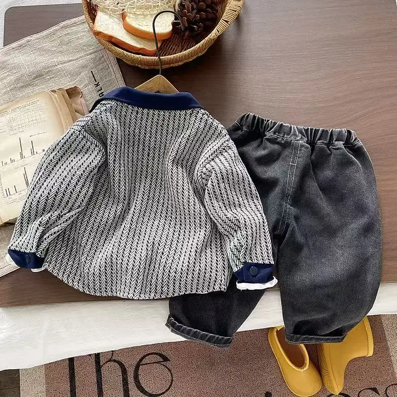 Korean New Spring Autumn Long Sleeve Vertical Striped Color Blocked Lapel Patch Pocket Jacket+White Top+Jeans 3PCS Sport Set