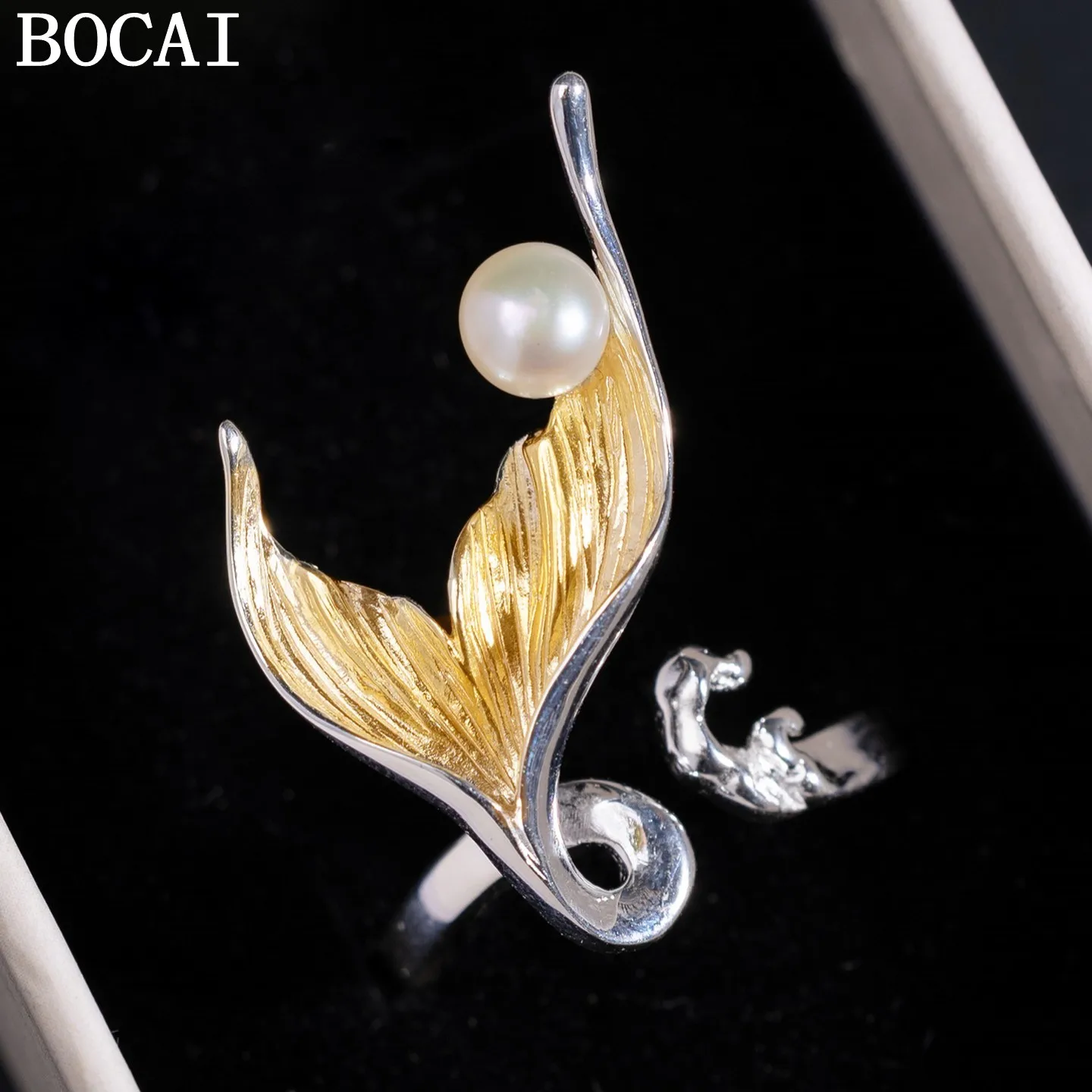 BOCAI NEW S925 Pure Silver Simple And Fashionable Freshwater Pearls Fishtail Ring