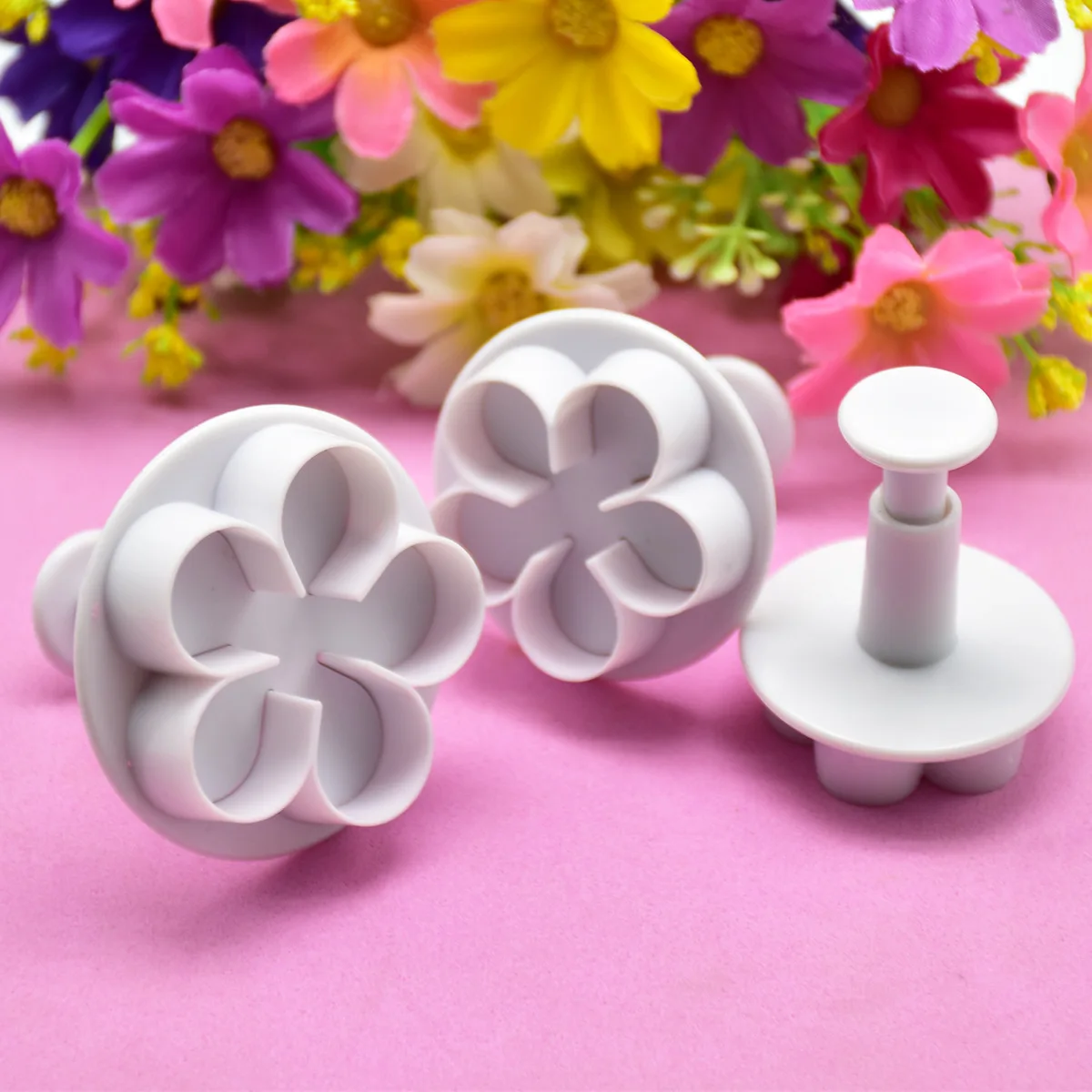 DIY Blossom Cake 3-Pack Flower Plunger Cookie Cutter Fondant Moulds Plastic Cake Decorating Tools Baking Accessories