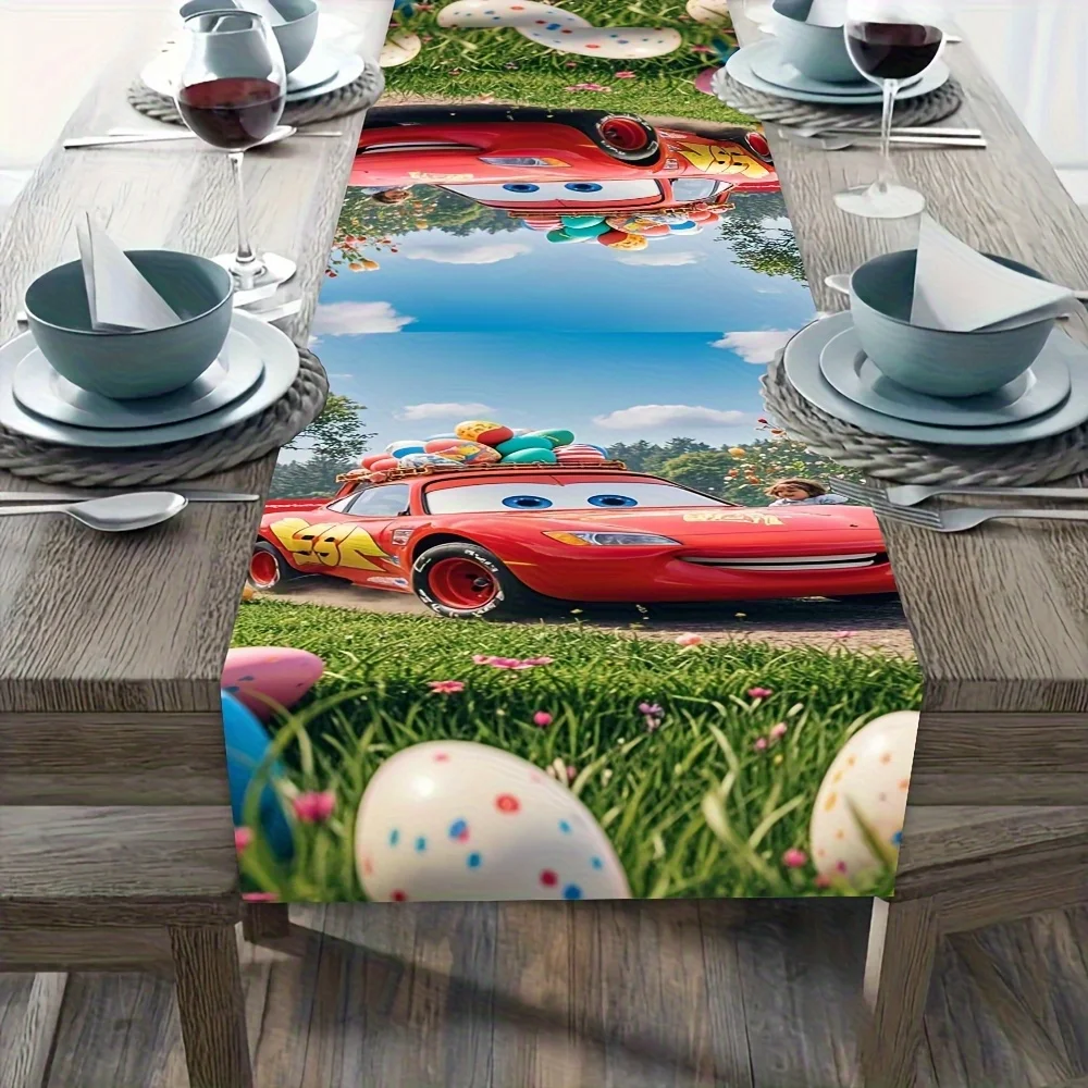 1 Piece of Car-Themed Table Runner, Printed with Lightning Mcqueen and Easter Eggs, Suitable for Children's Birthday Parties, Anime-Themed Family Gatherings, Etc