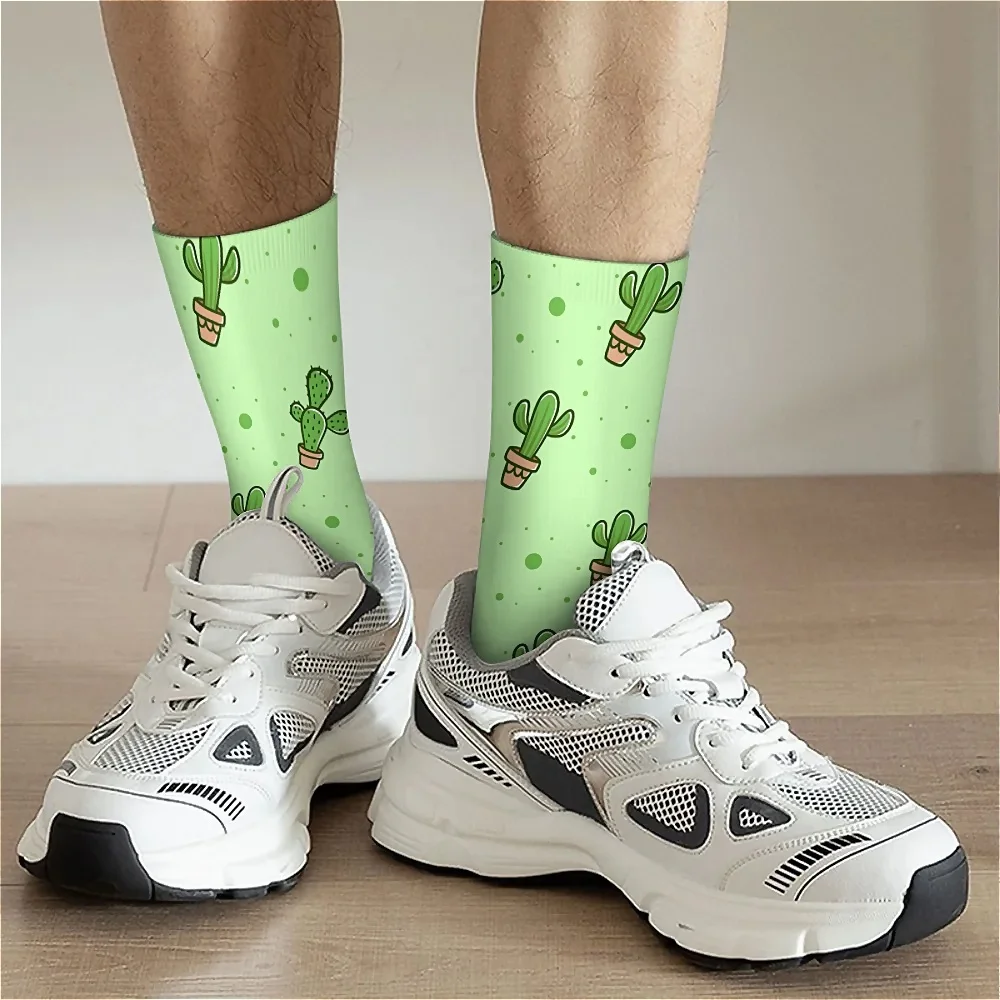 1 Pair Unisex Crew Socks, Harajuku Seamless Print, Fun Novelty Cactus Pattern, Polyester 95% Spandex 5%, Hand Wash Only,