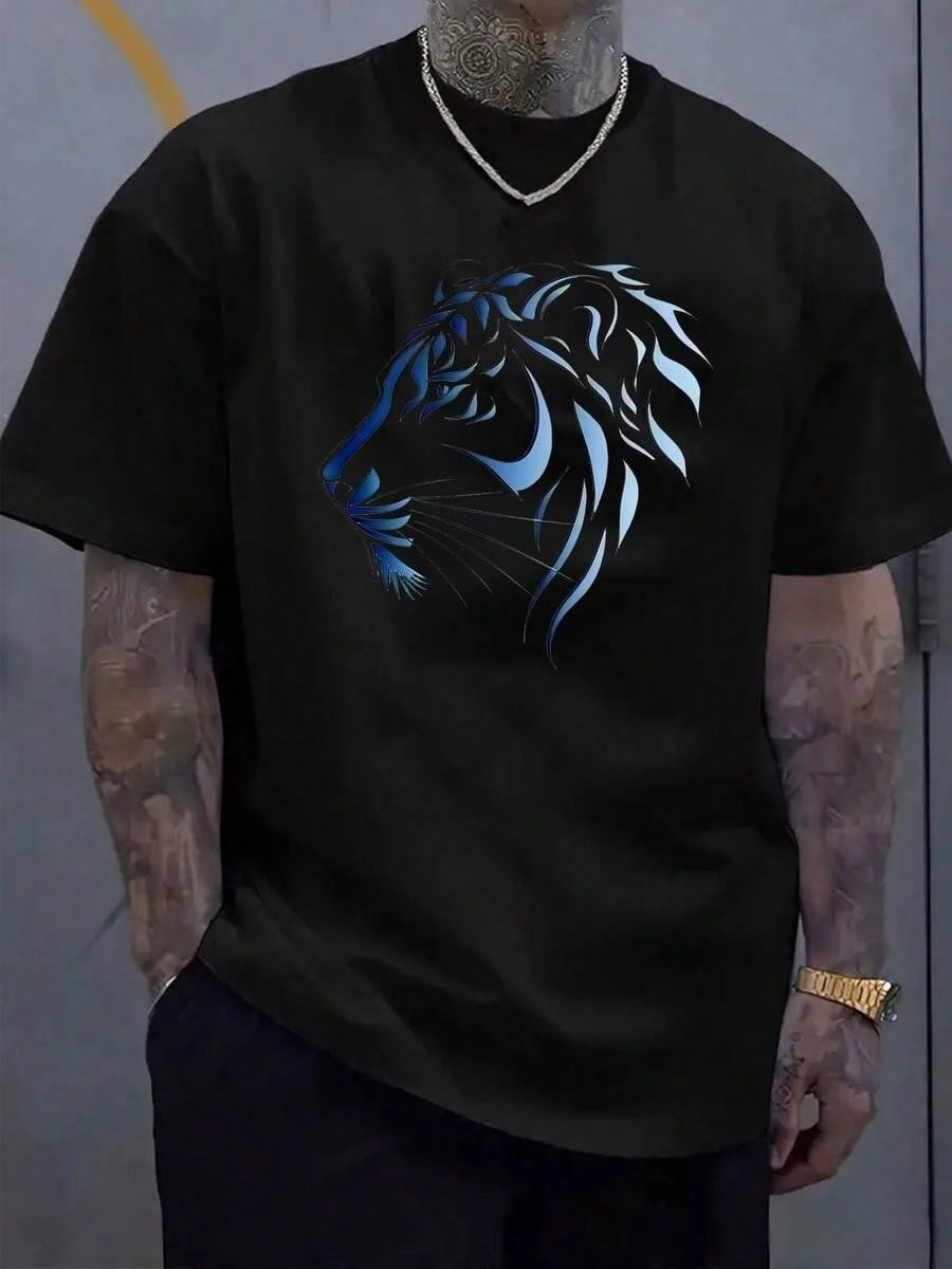 2026 New Hip Hop Family Matching Unisex Oversized T Shirt Streetwear Gradient Blue Tribal Lion Head Graphic Tee