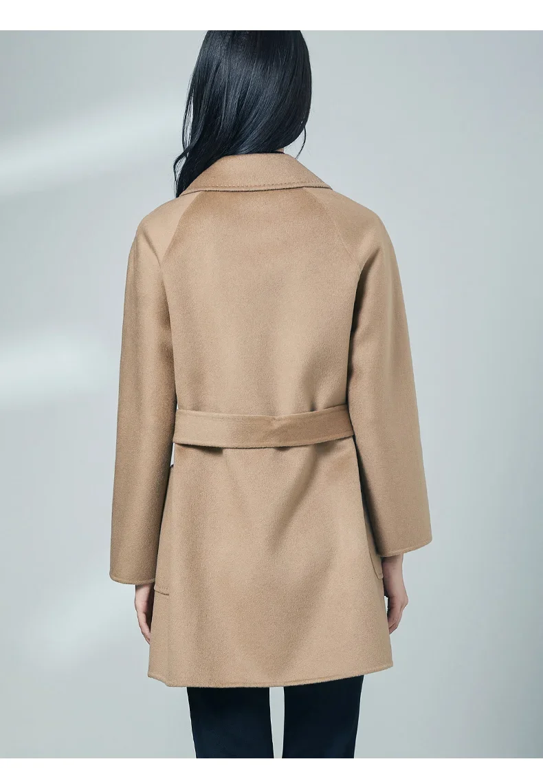 Thigh-Length Coat 100% Cashmere Overcoat Handmade Turn-down Collar Belt Dense Fabric Notch Lapel Autumn Winter Jacket