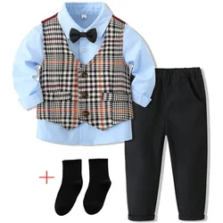 Baby Boys Clothes Formal Suit Spring Autumn Long Sleeve Bowtie Shirt+Waistcoat+Trousers Kids Boy Birthday Party Dress Set