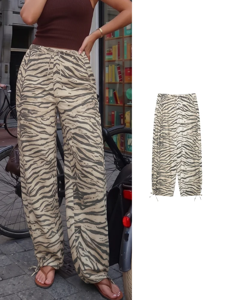 HH American Casual Tiger Print Loose Wide Leg Joggers Elastic Drawstring Waist Cuffed Hem Trousers Summer Vacation Daily Wear