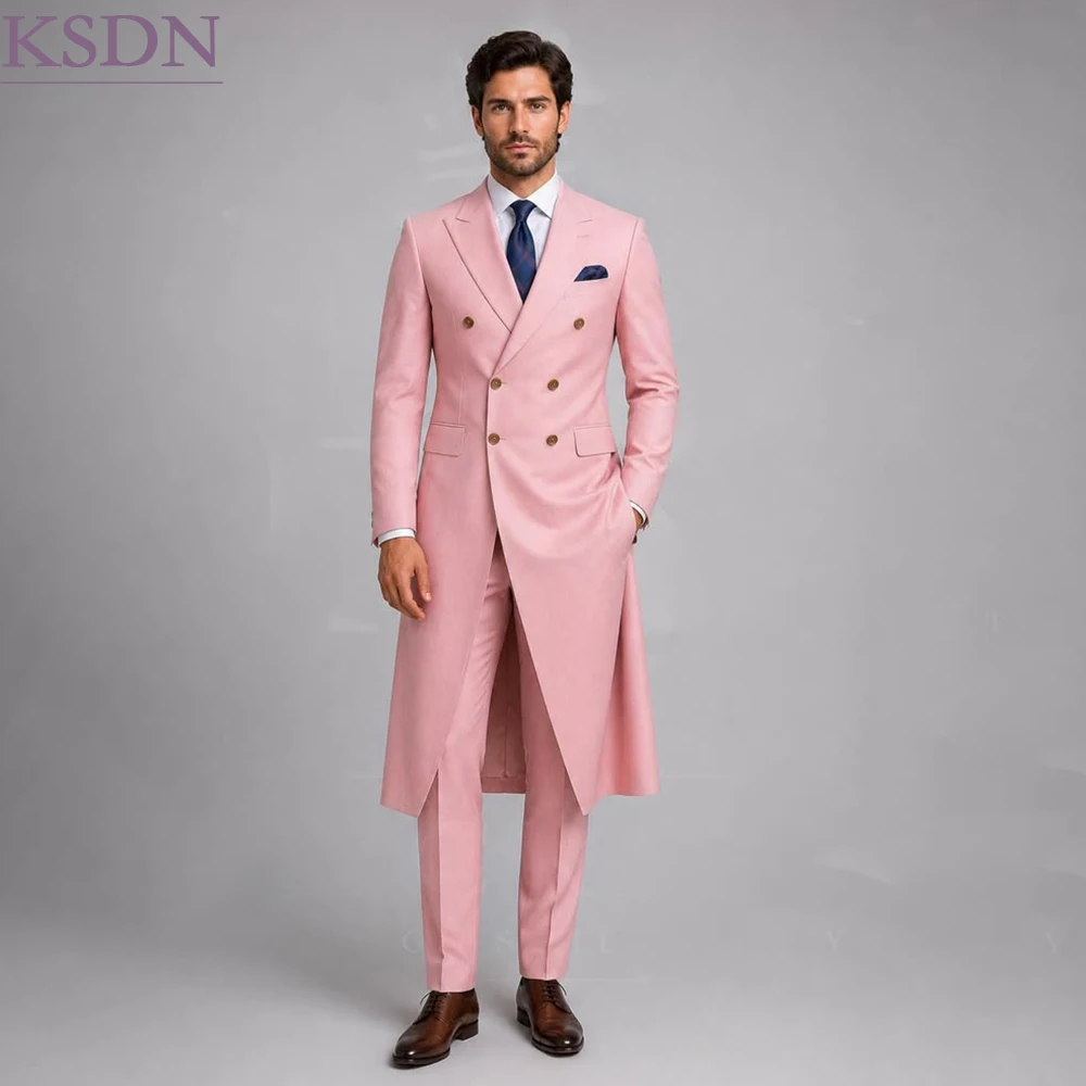 High Quality Pink Maxi Men's Suits Sets Formal Double Breasted Peak Lapel Long Jacket With Pants For Wedding Customized Terno