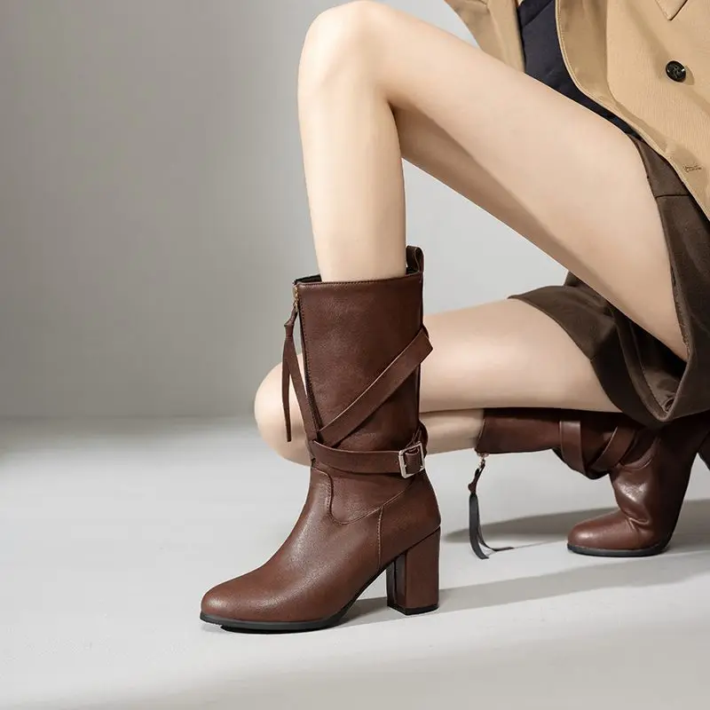 

ORCHALISA New shoes Women's Vintage Mid Calf Boots Round Toe 7.5cm Block Heel Zipper Black/Brown Plus Size 51-52 Daily Booties