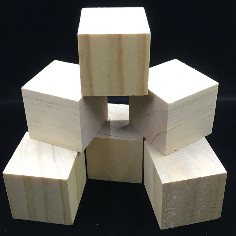 20pc Blank Wooden Square Blocks Wood Cubes for Woodwork Craft Kids DIY Toy Stick