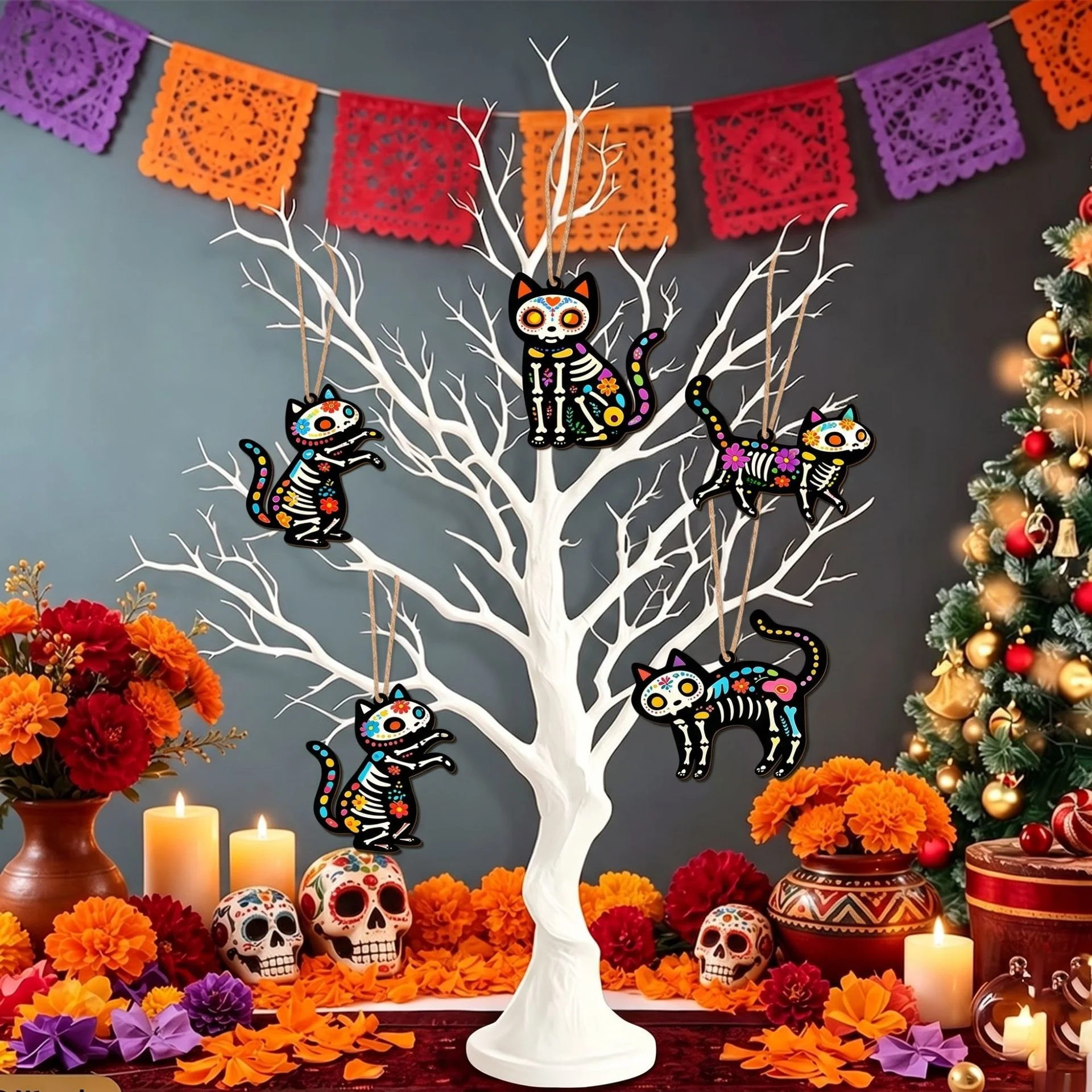 10.6x12cm Wooden Cat Hanging Ornament Sugar Skull Day Of Dead Halloween Garden Yard Party Home Wall Door Pendant Decor