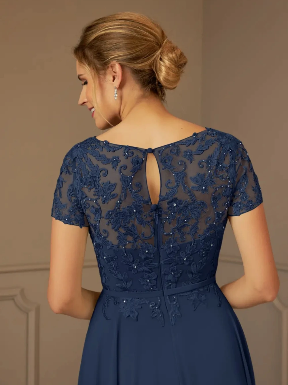 Robe de soirée classique en mousseline de soie, col rond, manches courtes, pour mère de la mariée, pour mariage, gracieuse, avec des appliques en dentelle, pour Rh, modeste