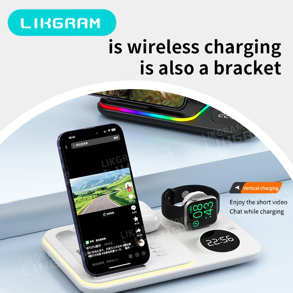 LIKGRAM Pengisi Daya Nirkabel untuk iPhone 12-17 Apple Watch AirPods 3-4 (tidak untuk Airpods 2) A82