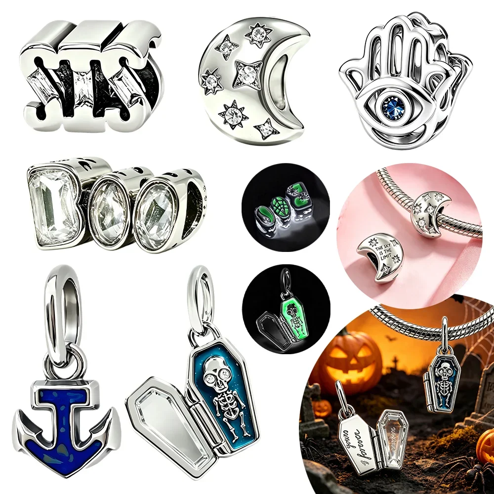 Luminous Skeleton Coffin Moon Anchor Original Charms Silver Plated Beads Fit Bracelets Bag Keychain Diy Women Gift Accessory