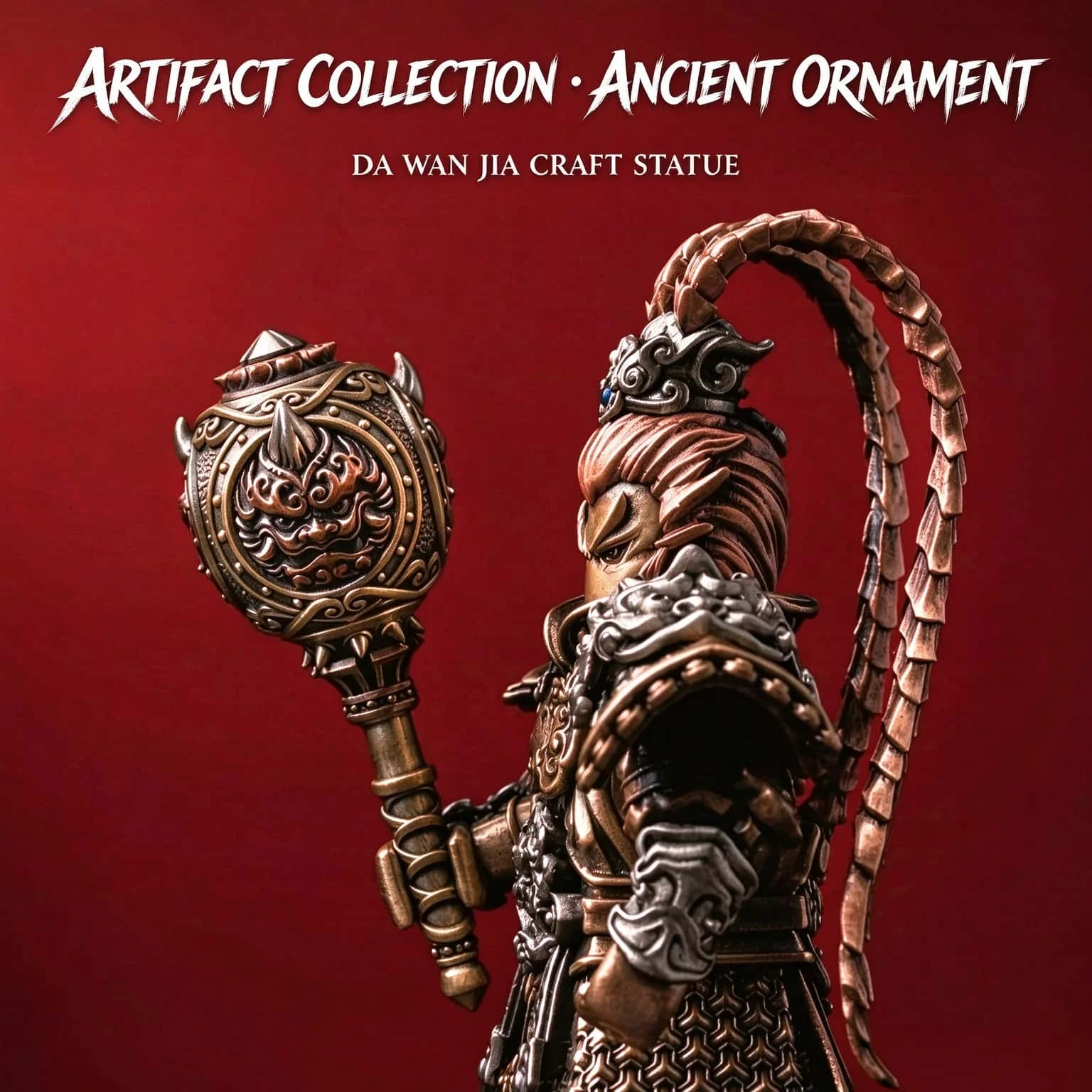 Adult Collectible Da Wan Jia Ancient Chinese Warrior Statue, Metal Armored General with Mace Figurine, Desk Art Decor