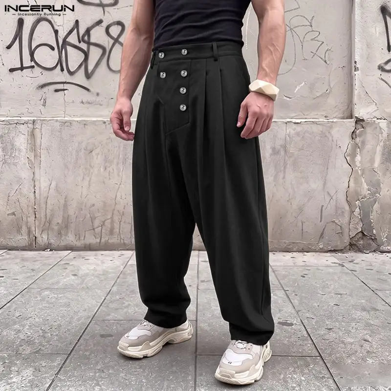 INCERUN Men Pants Solid Color Button Loose Pleated Joggers Casual Trousers For Man Streetwear 2026 Stylish Long Pants Pantalones