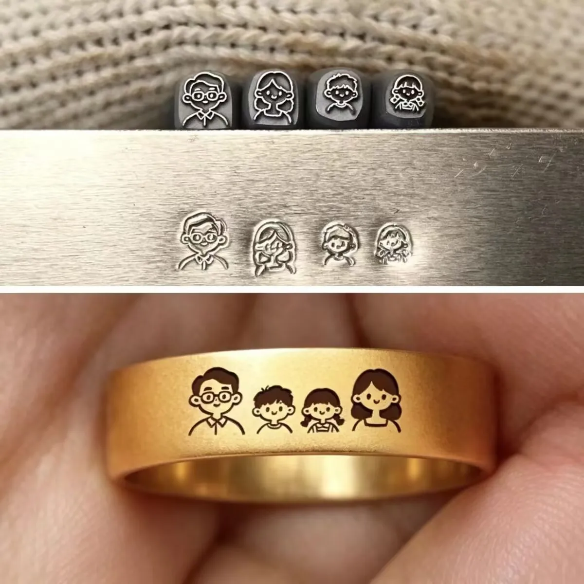 Jewelry Seals: Family-Themed Steel Stamps, Gold and Silver Bracelet and Ring Chiseling Molds, and Gold-Beating Tools