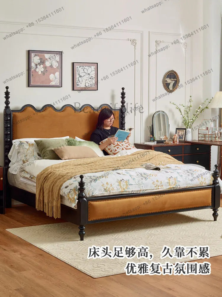 Light French American retro style full solid wood bed red oak medieval double bed