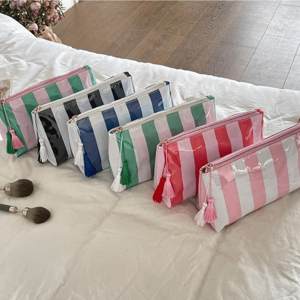 Waterproof Striped Cosmetic Bag Polyester Lining Tassel Pendant PVC Toiletry Bag Smooth Zipper Contrasting Color