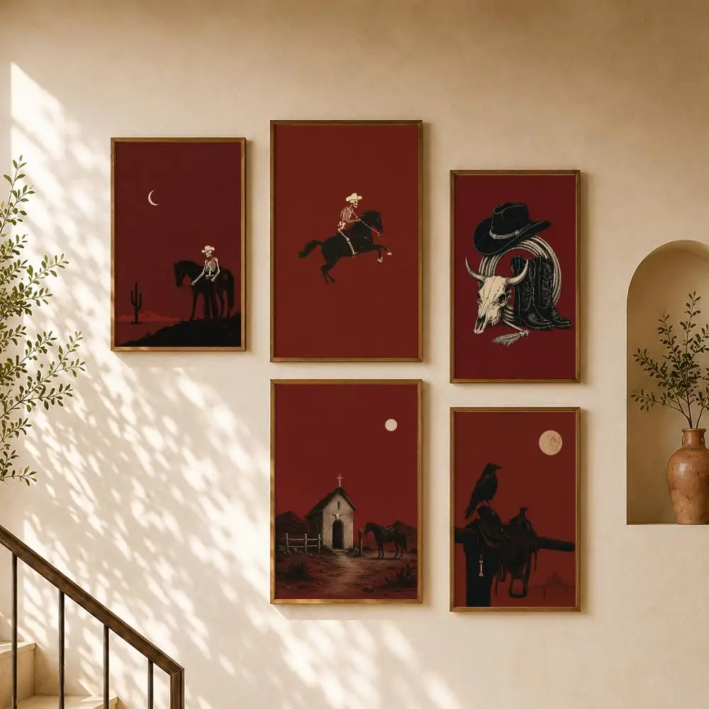 Gothic Western Cowboy Skeleton Horses Red Desert Night Fantasy Poster Home Room Bar Cafe Club Decor Aesthetic Art Wall Painting