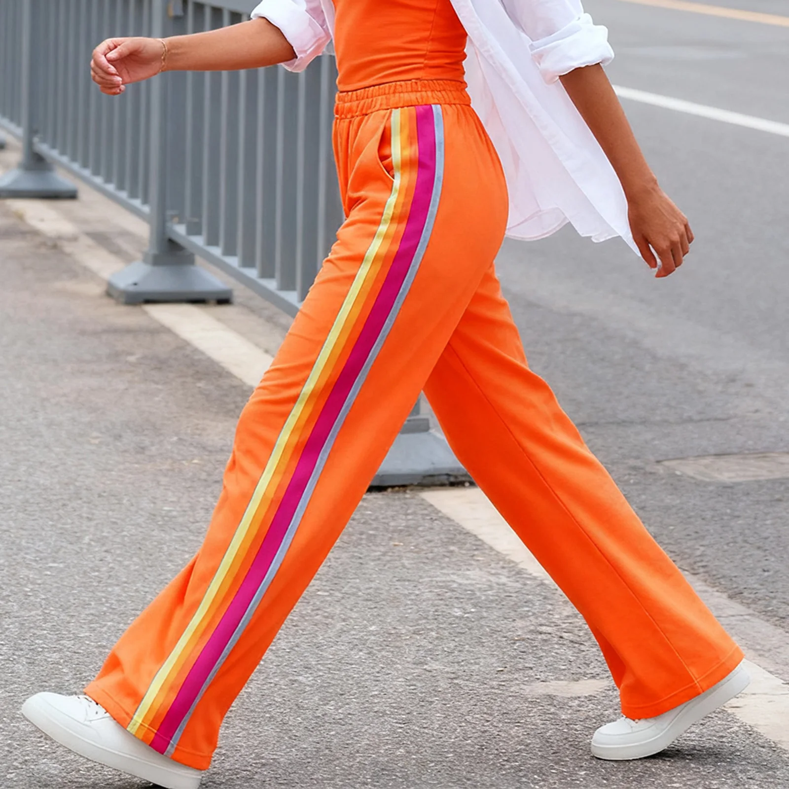 Women's Track Pants High Elastic Waist Striped Causal Wide Leg Lounge Sweatpants with Pockets