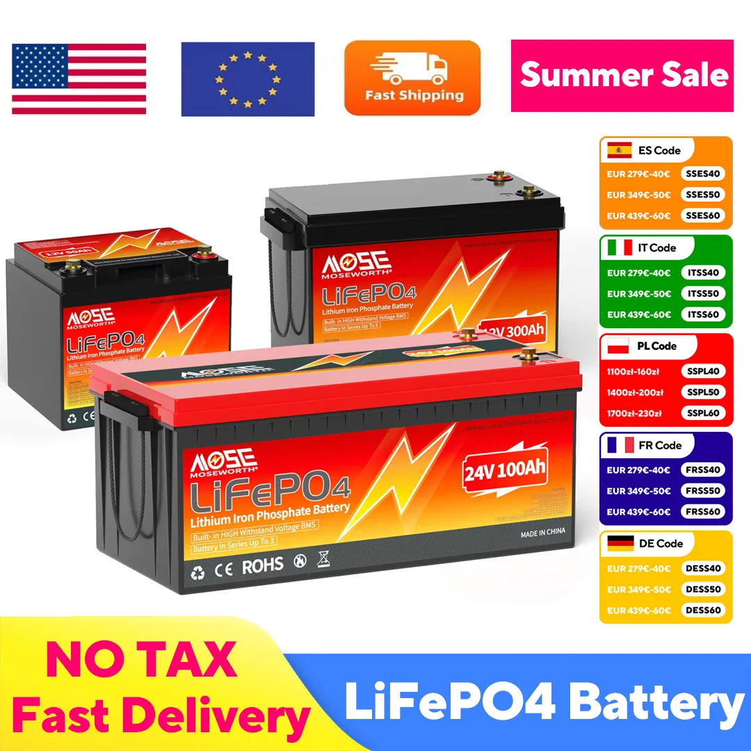 

12V 300Ah 200Ah 100Ah LiFePO4 Battery With BMS Lithium Battery Deep Cycle Rechargeable Batteries For RV Campers RV