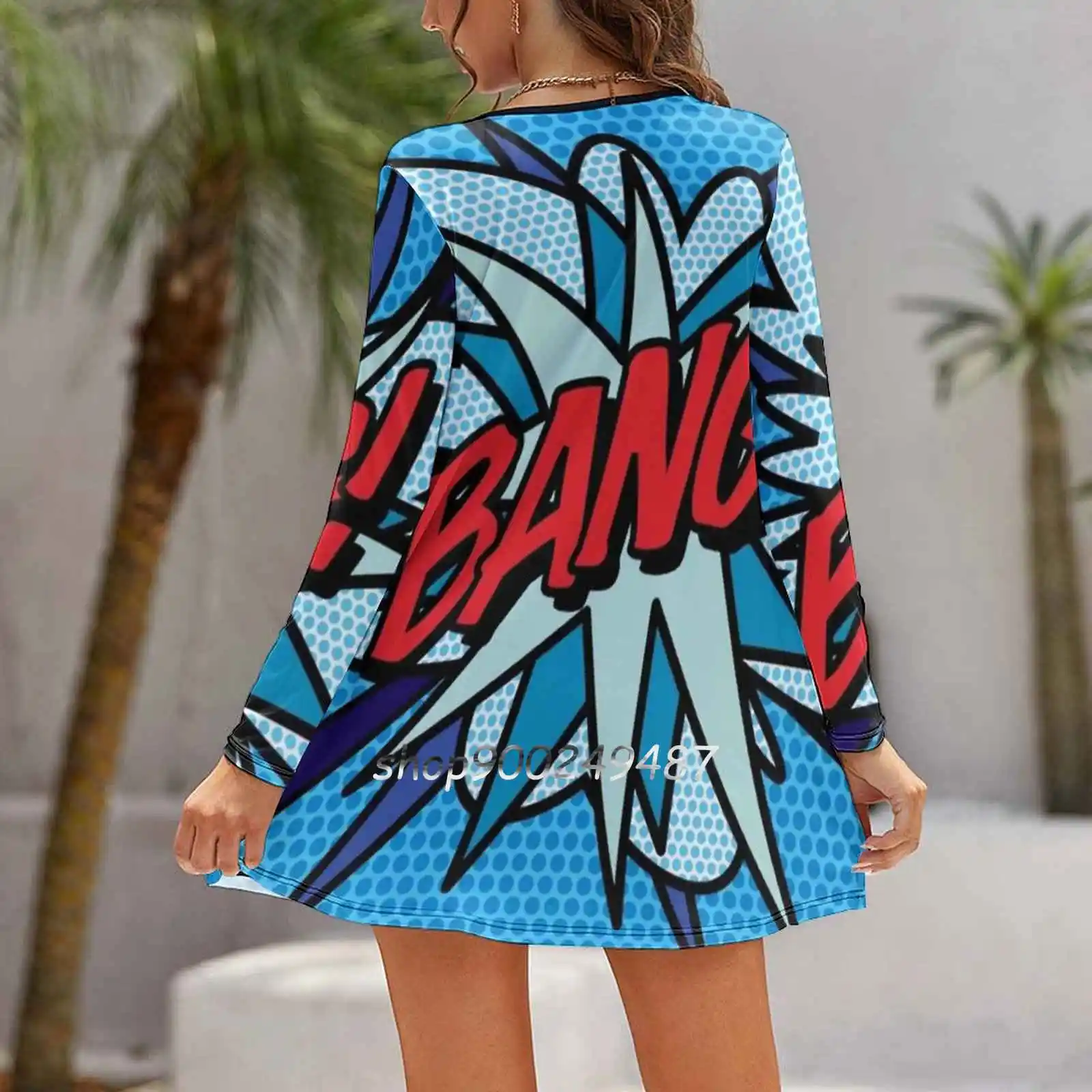 Bang Comic Book Pop Art Modern Fun Graphic Slim Dress With Hollow Waist Autumn Winter Sexy V Neck Long Sleeve Dresses Bang Pop