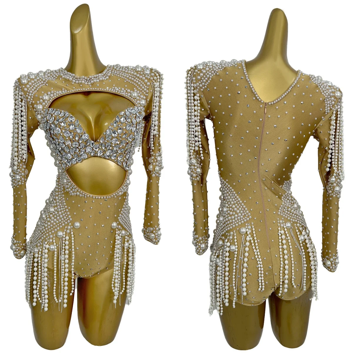 High-end Rhinestones Pearls Tassel Long Sleeve Bodysuit Women Sexy Performance Dance Costume Singer Dancer Stage Wear Cangxuan