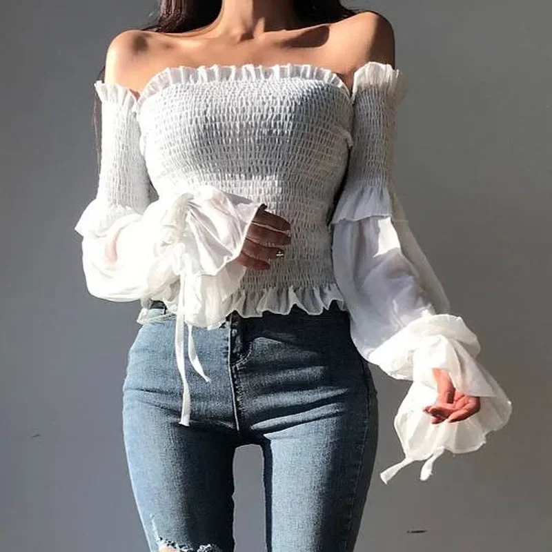 Summer Sexy Off Shoulder Blouse Women Puff Sleeve Pleated Lace Up Casual Shirt Spring Slim Solid Ladies Corset Tops Blouse 12813