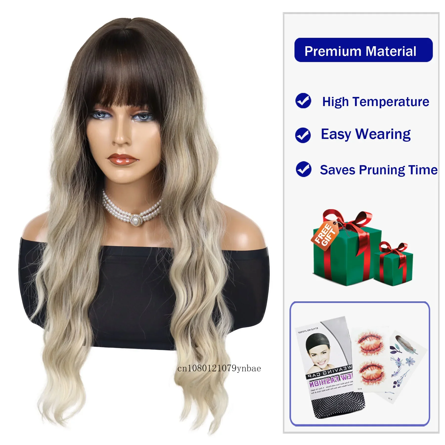 Ombre Blonde Synthetic Wig with Bangs for Women Lady Long Wavy Wigs Daily Party Cosplay Costume Heat Resistant Drag Queen Wig