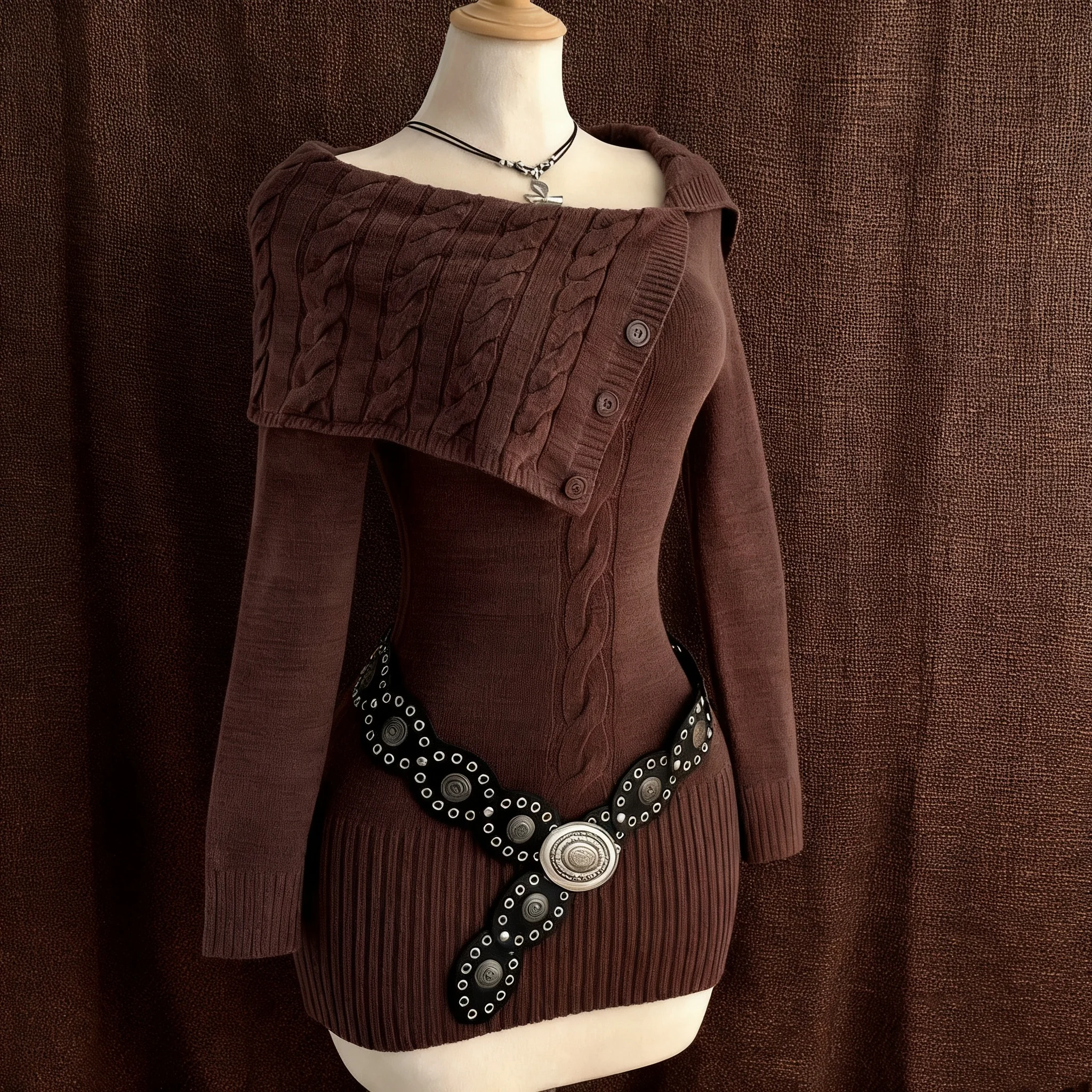 

Women's Off-Shoulder Long Sleeve Knit Sweater Brown Base Y2K Retro Slim Fit Casual Dress Autumn Strip Spicy Girl Fashion One Nec