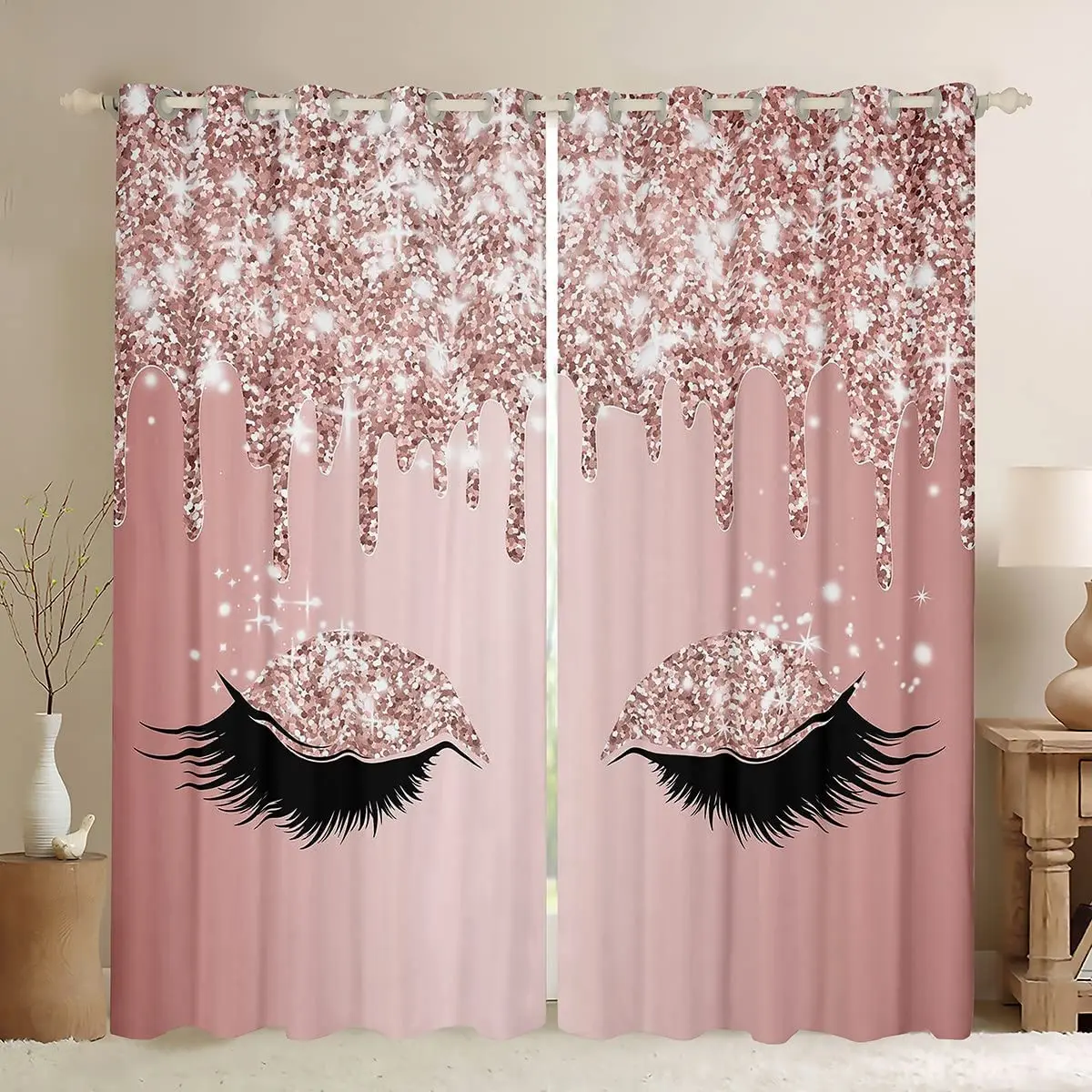 

3D Digital Printing Pink Eyelashes with Mackup Eyes, Sunshade Window Curtains, Bedroom, Living Room 2 Pcs