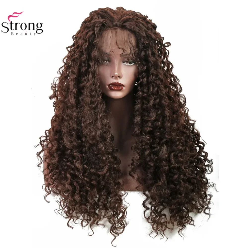 Strongbeauty-合成レースフロントウィッグ24 ",女性用ヘアエクステンション,カーリー,ブラウン