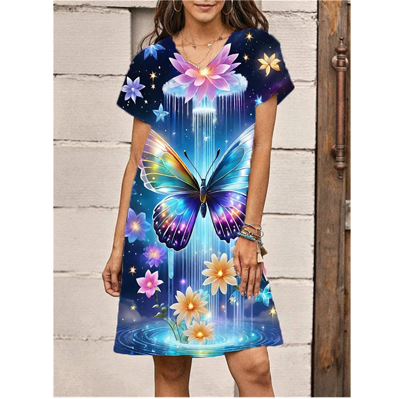 

3D Colorful Butterfly Printed Dress Big Size 6XL Summer Short Sleeve V-Neck A-Line Dress Women Casual Dress Vestidos