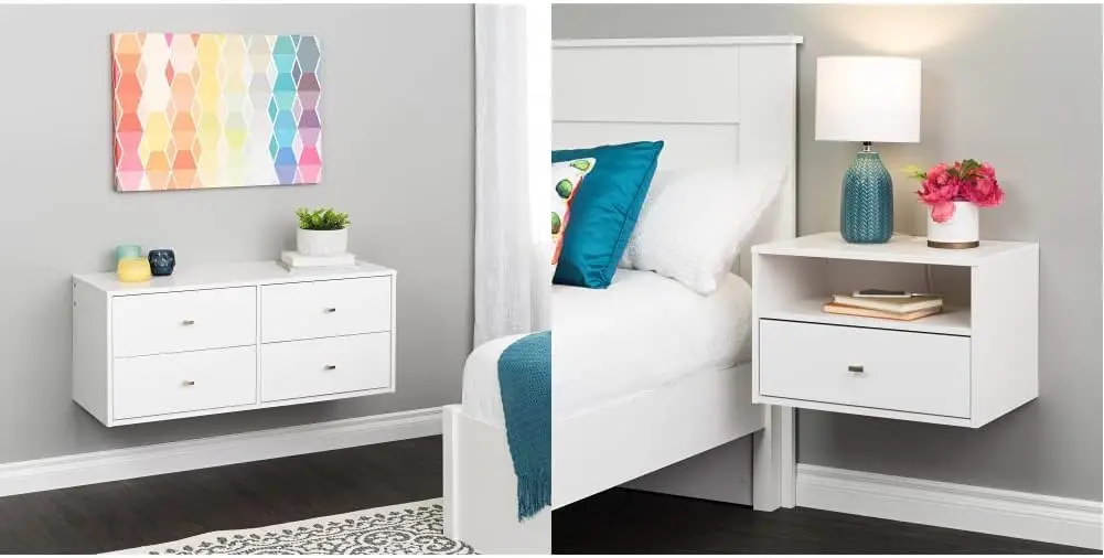 Floating Dresser, 4-Drawer, White & Floating Shelf with Drawer