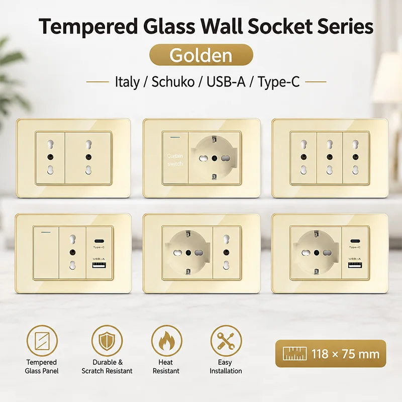 118 Type Black Glass Wall Socket Modular Italy Schuko Universal USB C CAT5 CAT6 Telephone SAT Outlet Combination for Home Office