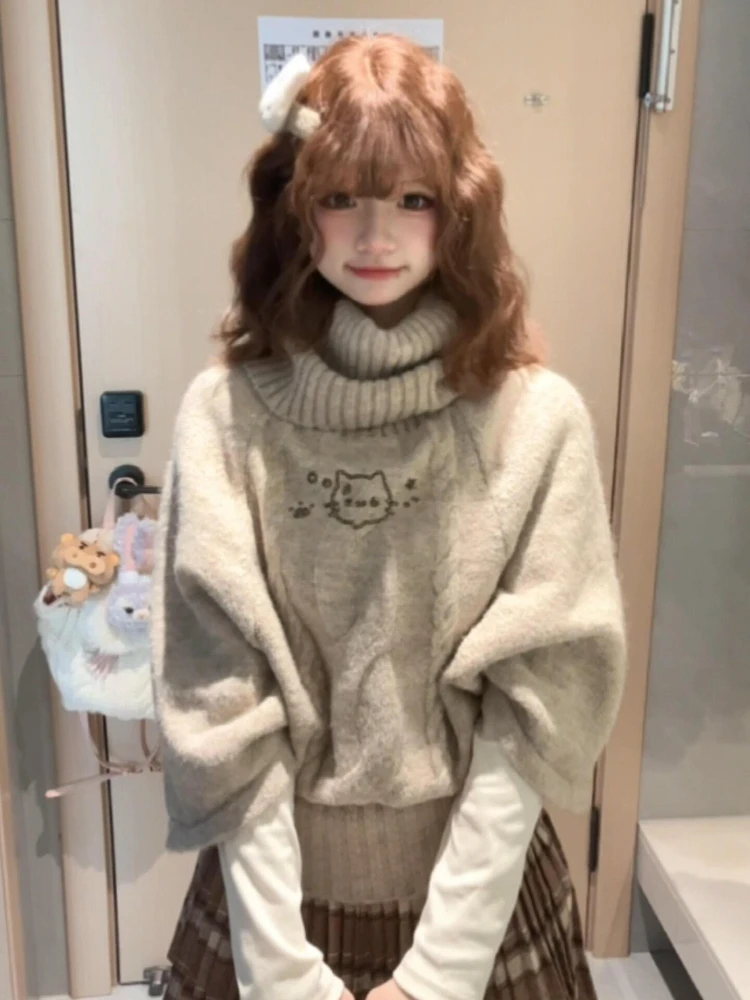 

Deeptown Kawaii Cloak Sweaters Women Sweet Japanese Khaki Turtleneck Jumpers Preppy Style Cutecore Oversized Knitted Pullovers