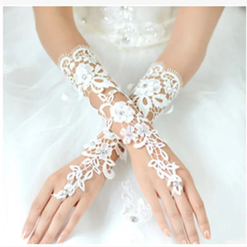 Exquisite White Lace Bridal Gloves with Pearl and Rhinestone Accents for Wedding