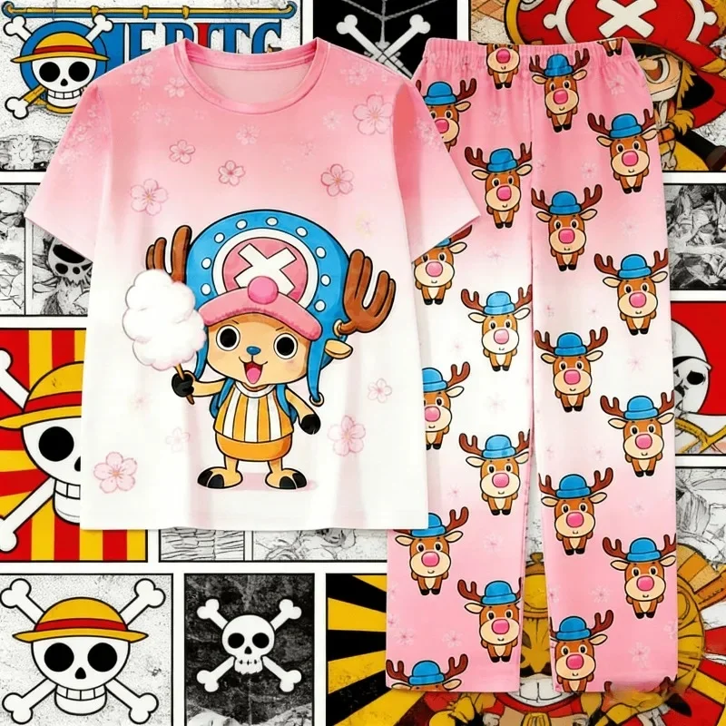 2026 Bandai One Piece Luffy suit milk silk sleepwear men's shirt women's millennium T-shirt and pants set children's T-shirt set