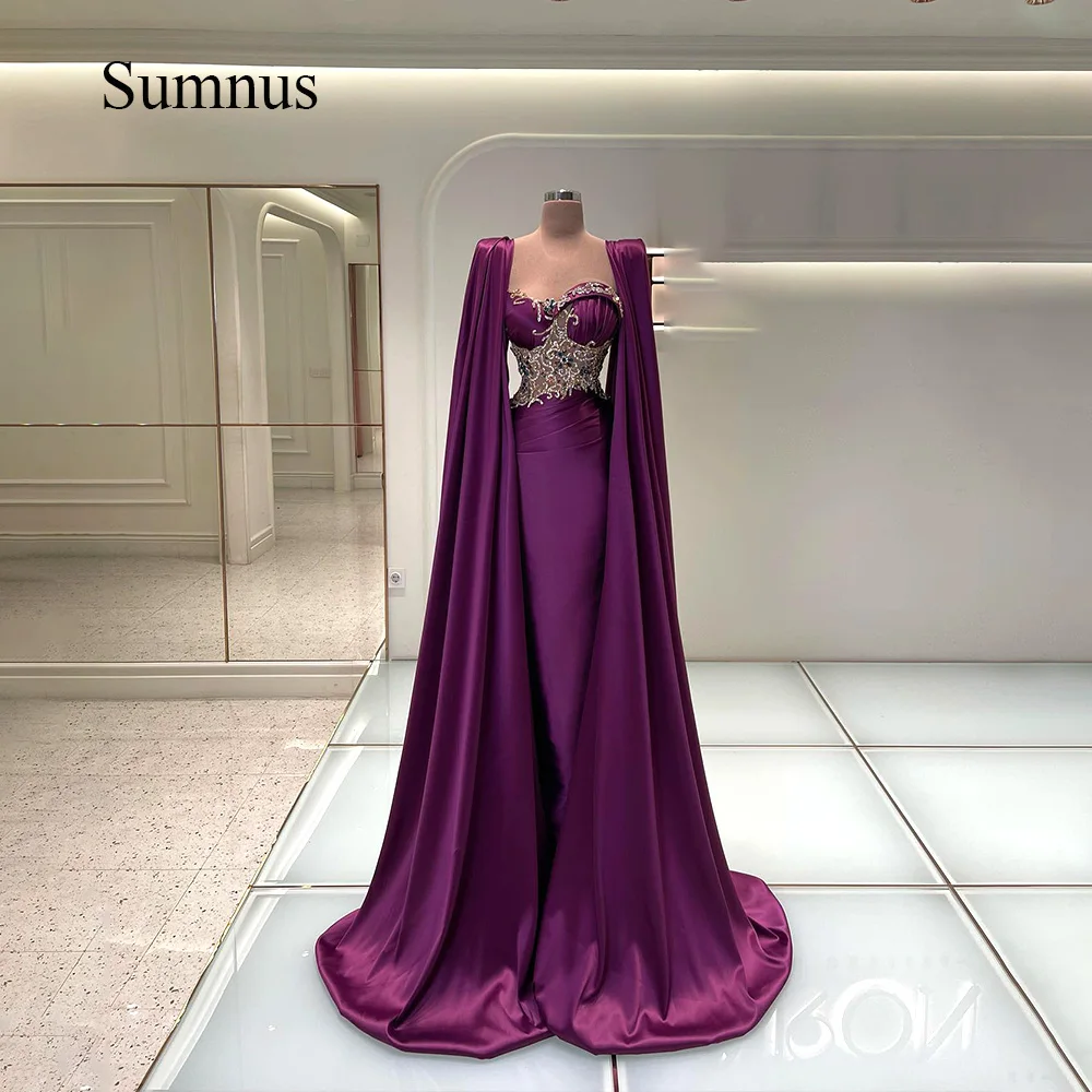 Sumnus Luxury Mermaid Evening Dresses Crystal Beads With Cape Ruched Satin Sweetheart Evening Prom Gowns Dubai Women Customized