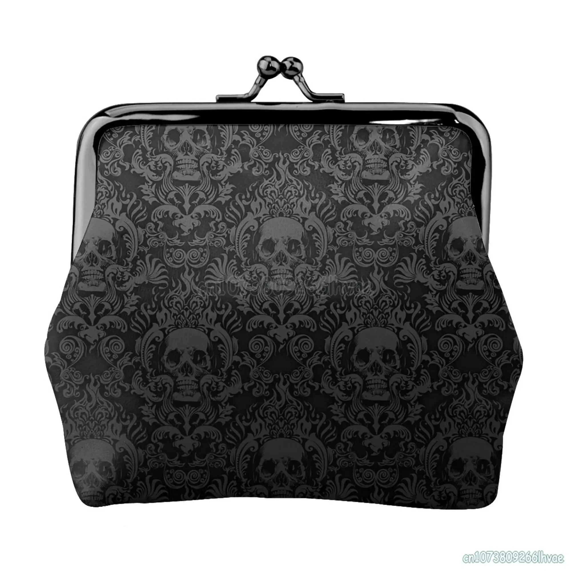 Black Skull Gothic Brocade Coin Pouch with Kiss Lock Closure Buckle Wallet for Girls Gift Women's Leather Coin Purse