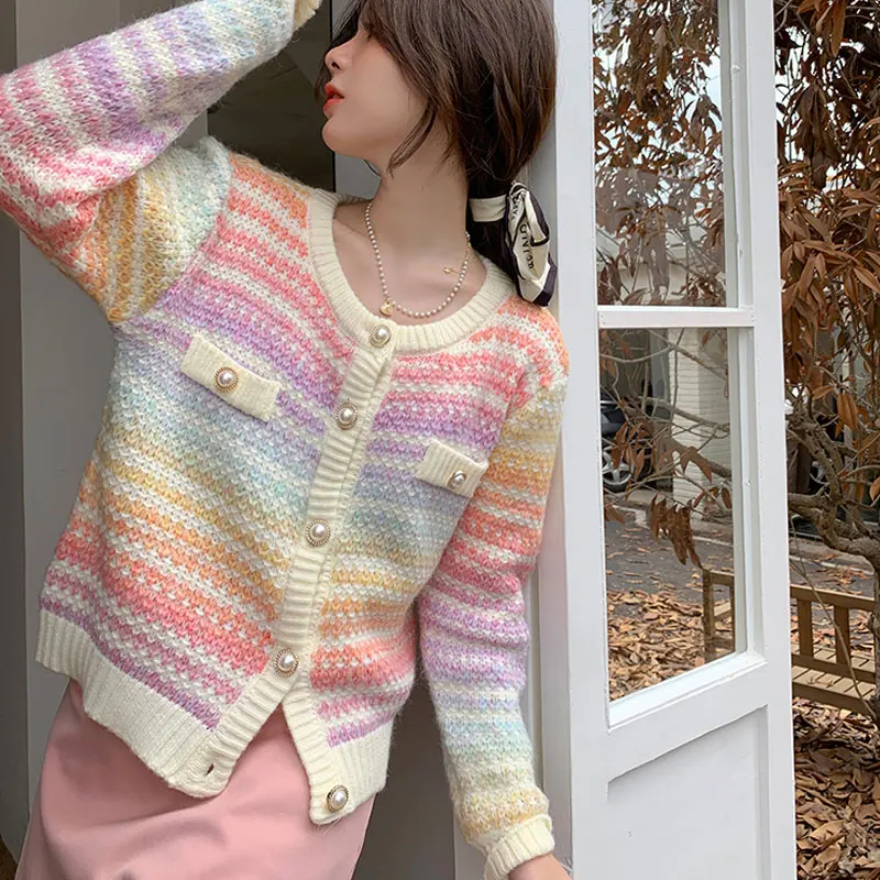 2023 Autumn Rainbow Knitted Cardigan Button Long Sleeve Casual Elegant Sweater Female Kawaii Y2k Clothing Korean Style Pullover