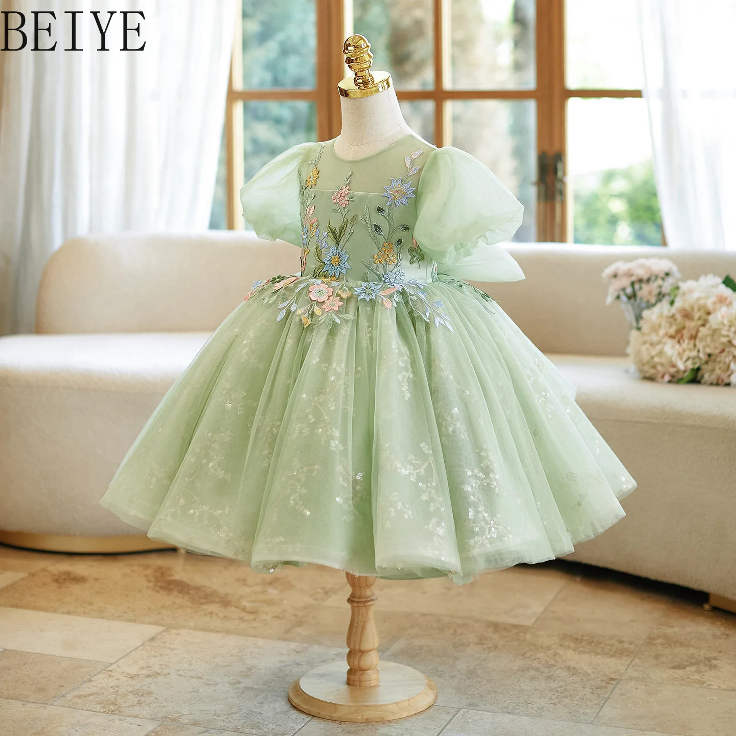 Floral Fairy Green Tutu Girls Party Dresses Summer Piano Recitals Hostess Roles Performances Girl's Birthday Princess Dress