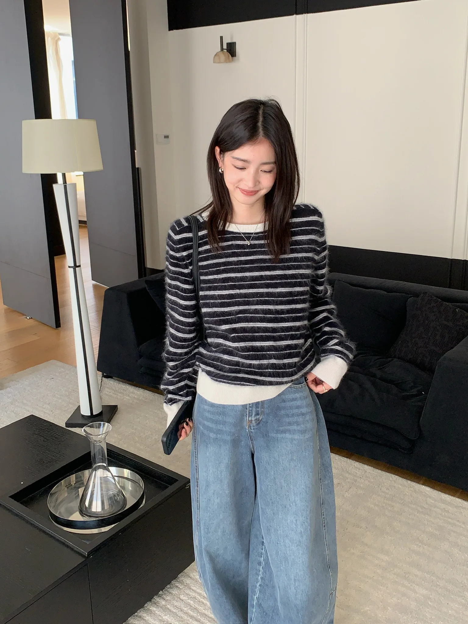 

Soft Woolen Sweater Vintage Gentle Plaid Color Blo Autumn Winter Knitted Casual round Ne Long Sve Loose Fit Women's Top