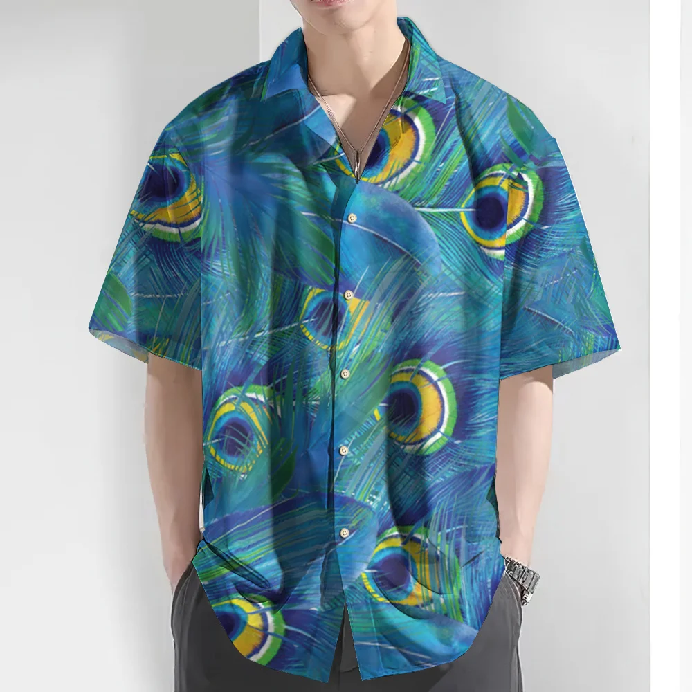 Camicia da uomo estiva 2024 camicie hawaiane con stampa piuma di pavone 3d per uomo abbigliamento Casual quotidiano da uomo camicie larghe oversize con risvolto