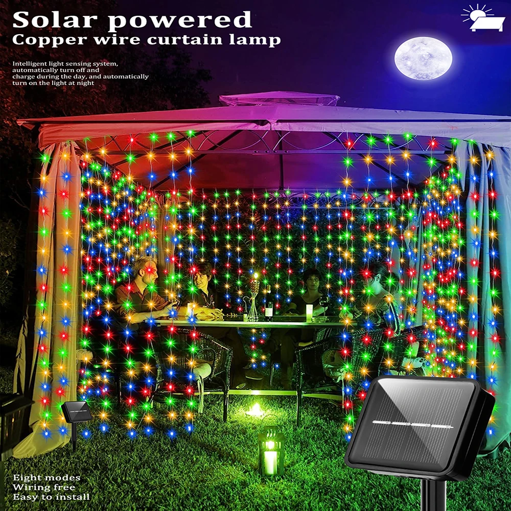 Solar Curtain String Lights 8 Lighting Modes 300Leds Outdoor Garden Yard Decoration Fairy Lights Christmas Holiday Lighting