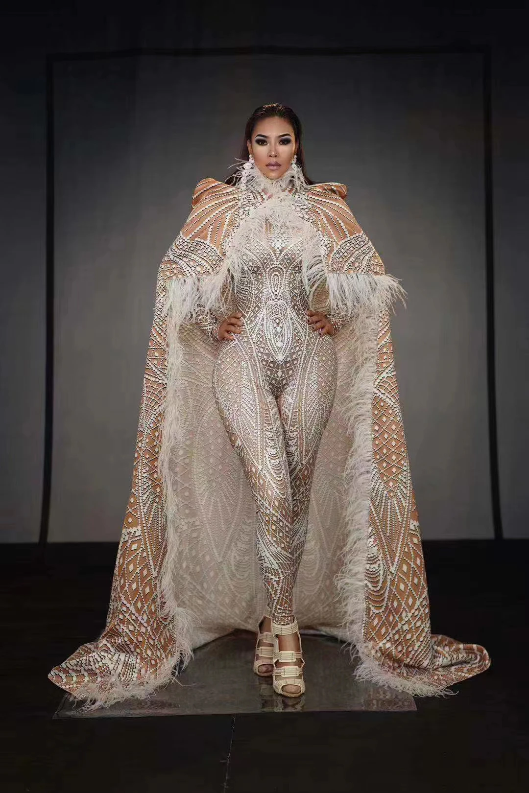 

Female man Singer Stage Wear Printing tigelStretch Jumpsuit Long Cloak Outfit DancerModels prom nightclub queen costumes B122